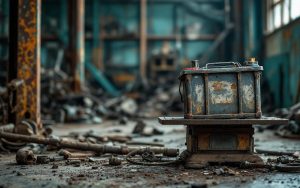 Une batterie de voiture usagée posée sur une balance de ferrailleur dans un atelier de recyclage, ambiance industrielle documentaire.