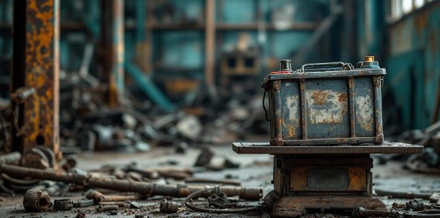 Une batterie de voiture usagée posée sur une balance de ferrailleur dans un atelier de recyclage, ambiance industrielle documentaire.