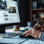 7 erreurs à éviter sur AutoScout24 avant d’acheter hors de France Illustration réaliste : un acheteur examine une annonce de voiture d’occasion européenne sur un ordinateur dans un bureau, avec des documents administratifs sur la table.