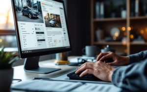 Illustration réaliste : un acheteur examine une annonce de voiture d’occasion européenne sur un ordinateur dans un bureau, avec des documents administratifs sur la table.