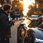 GMK : combien coûte une image d’influenceur auto et comment réduire la facture Influenceur automobile de luxe filmant une supercar brillante dans une rue urbaine premium, avec une lumière cinématographique dorée et un style éditorial réaliste.