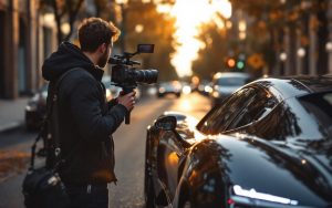 Influenceur automobile de luxe filmant une supercar brillante dans une rue urbaine premium, avec une lumière cinématographique dorée et un style éditorial réaliste.
