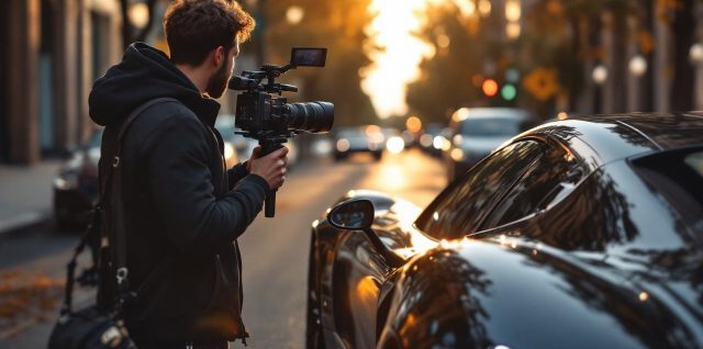 Influenceur automobile de luxe filmant une supercar brillante dans une rue urbaine premium, avec une lumière cinématographique dorée et un style éditorial réaliste.