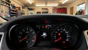 Gros plan réaliste du tableau de bord d’une voiture avec un voyant moteur allumé, dans un garage en arrière-plan flou, ambiance d’information automobile.