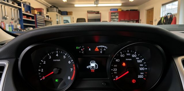 Gros plan réaliste du tableau de bord d’une voiture avec un voyant moteur allumé, dans un garage en arrière-plan flou, ambiance d’information automobile.