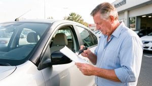 Un homme examine attentivement une voiture d’occasion avec une lampe d’inspection et des documents vierges sur un parking lumineux.
