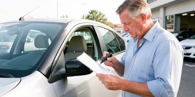 Un homme examine attentivement une voiture d’occasion avec une lampe d’inspection et des documents vierges sur un parking lumineux.