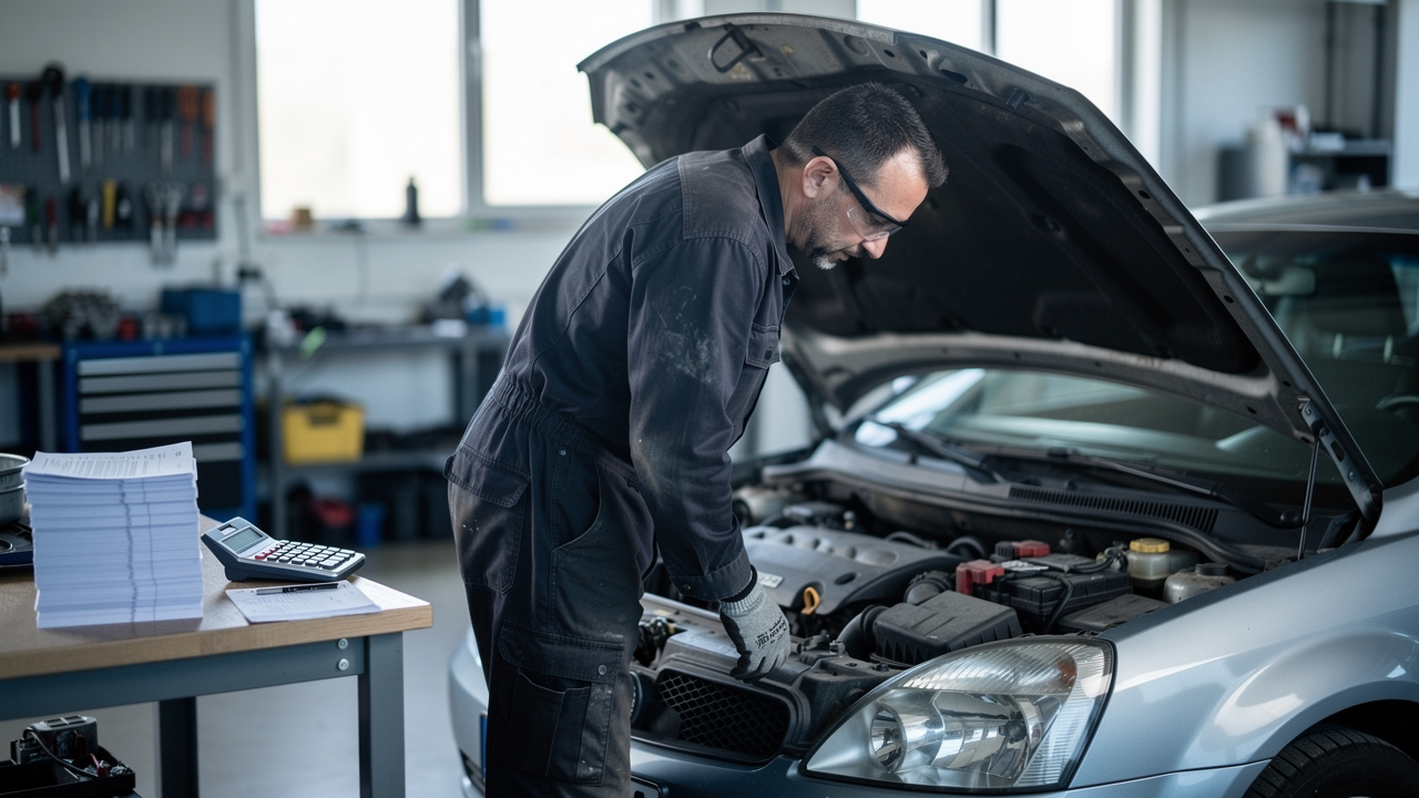Un expert automobile examine le moteur ouvert d’une voiture d’occasion dans un garage éclairé par la lumière naturelle, avec des documents vierges posés sur un établi.