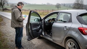 Une voiture d’occasion immobilisée sur le bas-côté d’une route, avec le voyant moteur allumé, tandis qu’un homme consulte le diagnostic de son téléphone près de la portière ouverte.