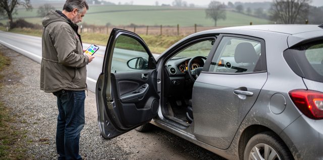 Une voiture d’occasion immobilisée sur le bas-côté d’une route, avec le voyant moteur allumé, tandis qu’un homme consulte le diagnostic de son téléphone près de la portière ouverte.