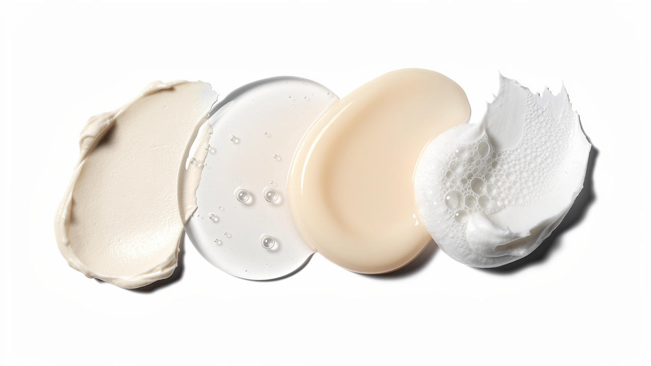 Palette blanche propre présentant quatre textures de soins du visage : crème riche, gel-crème, baume nourrissant et lotion fouettée, photographiées dans un style éditorial beauté.