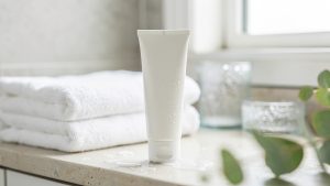 Tube neutre de crème hydratante sans parfum posé sur un plan de toilette clair dans une salle de bain lumineuse, avec une ambiance dermatologique apaisante.