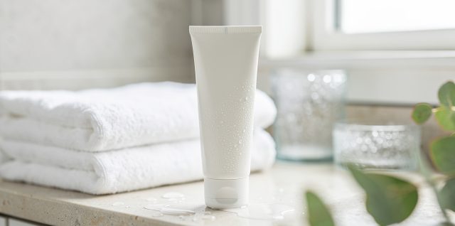 Tube neutre de crème hydratante sans parfum posé sur un plan de toilette clair dans une salle de bain lumineuse, avec une ambiance dermatologique apaisante.