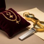 Bijoux de famille en or disposés sur un écrin en velours, accompagnés d’une loupe de joaillier, d’une balance précise et de feuilles d’estimation vierges.