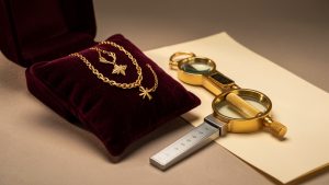 Bijoux de famille en or disposés sur un écrin en velours, accompagnés d’une loupe de joaillier, d’une balance précise et de feuilles d’estimation vierges.