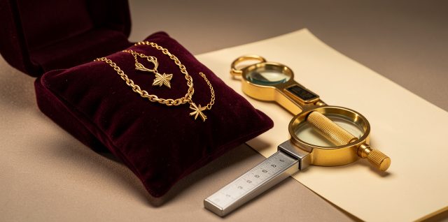Bijoux de famille en or disposés sur un écrin en velours, accompagnés d’une loupe de joaillier, d’une balance précise et de feuilles d’estimation vierges.