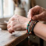 Bracelet tibétain : comprendre les couleurs, les métaux et le porter Bracelet d’inspiration tibétaine composé de perles colorées et d’éléments en cuivre, argent et laiton, placé près du poignet d’une femme dans un atelier artisanal.