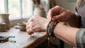 Bracelet d’inspiration tibétaine composé de perles colorées et d’éléments en cuivre, argent et laiton, placé près du poignet d’une femme dans un atelier artisanal.