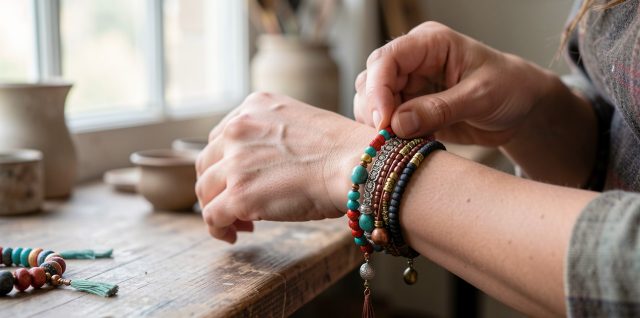 Bracelet d’inspiration tibétaine composé de perles colorées et d’éléments en cuivre, argent et laiton, placé près du poignet d’une femme dans un atelier artisanal.