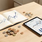 Produits financiers : les grandes familles à connaître avant d’investir Bureau lumineux présentant un graphique financier abstrait, des pièces, un carnet ouvert et une tablette dans une composition pédagogique moderne.