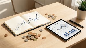 Bureau lumineux présentant un graphique financier abstrait, des pièces, un carnet ouvert et une tablette dans une composition pédagogique moderne.