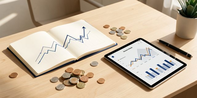 Bureau lumineux présentant un graphique financier abstrait, des pièces, un carnet ouvert et une tablette dans une composition pédagogique moderne.
