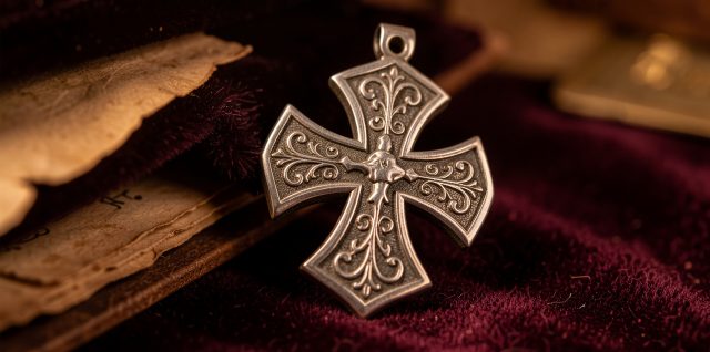 Pendentif en argent orné d’une croix pattée, posé sur un velours sombre à côté d’un parchemin ancien dans une ambiance historique.