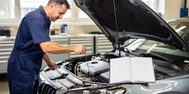 Un mécanicien contrôle le niveau d’huile d’une voiture familiale dans un atelier lumineux, avec un carnet d’entretien ouvert sur le capot.