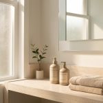 Routine visage peau sensible : 7 gestes pour limiter les réactions Salle de bain lumineuse avec des flacons de soin neutres, une serviette douce, un miroir sans cadre et une décoration végétale discrète.