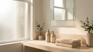 Salle de bain lumineuse avec des flacons de soin neutres, une serviette douce, un miroir sans cadre et une décoration végétale discrète.