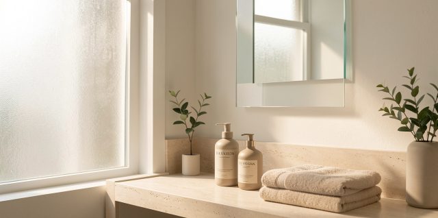 Salle de bain lumineuse avec des flacons de soin neutres, une serviette douce, un miroir sans cadre et une décoration végétale discrète.