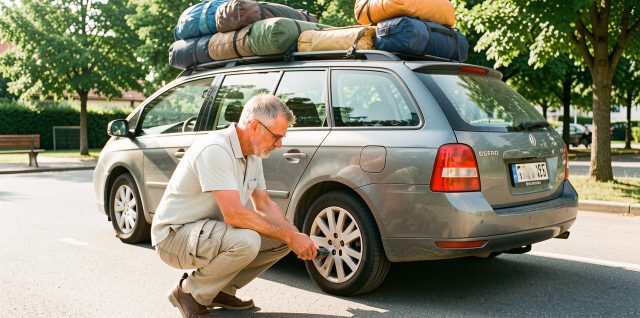 Une voiture familiale chargée de bagages stationne sur une aire de repos estivale tandis qu’un homme vérifie ses pneus avant le départ.