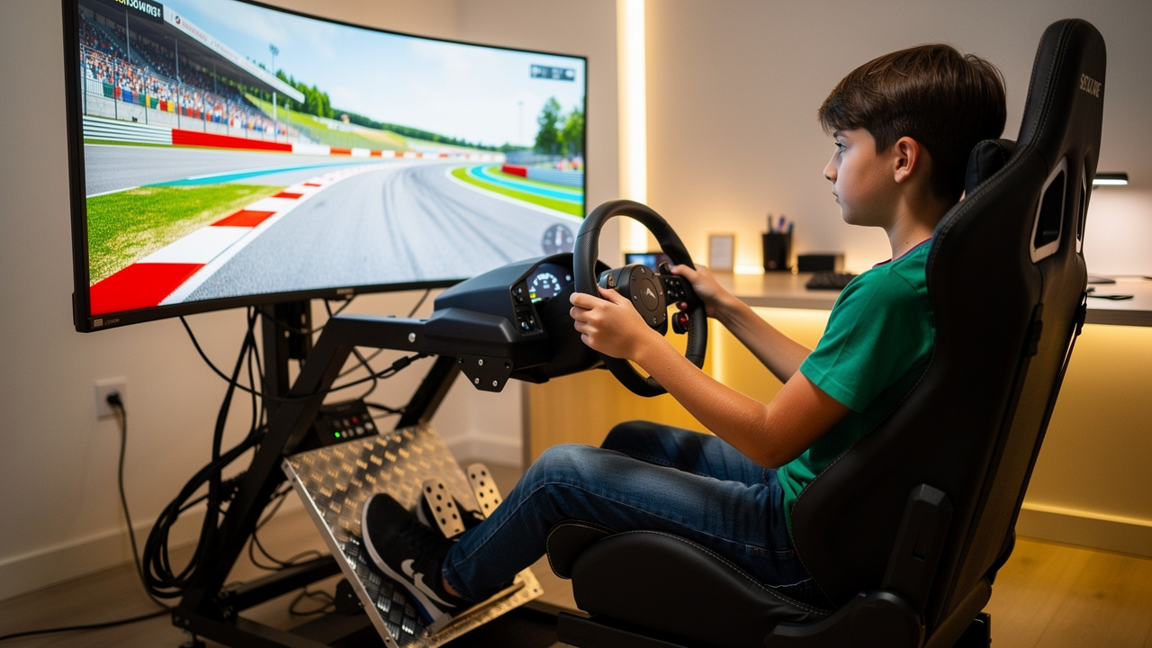 Un adolescent assis dans un cockpit de simracing ajustable, avec une posture correcte, des câbles bien rangés et un pédalier antidérapant devant un écran de course.