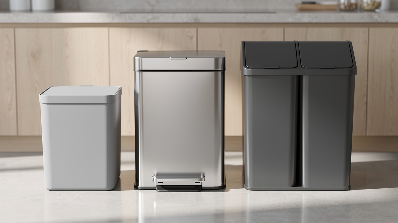 Comparatif visuel de trois poubelles de cuisine de tailles différentes : un modèle simple, un modèle à pédale et un modèle à double compartiment, dans une cuisine moderne.