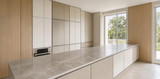 Cuisine moderne lumineuse et bien organisée avec rangements intégrés, plan de travail dégagé et électroménager discret.