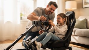 Un père accompagne sa jeune fille assise dans un simulateur automobile domestique équipé d’un volant et d’un pédalier réglables, dans une pièce familiale lumineuse.