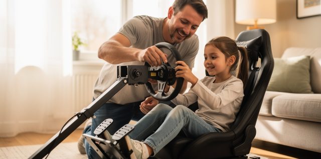 Un père accompagne sa jeune fille assise dans un simulateur automobile domestique équipé d’un volant et d’un pédalier réglables, dans une pièce familiale lumineuse.