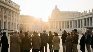 La place Saint-Pierre au Vatican au lever du jour, avec une foule discrète et la silhouette d’un dignitaire religieux sur un balcon.