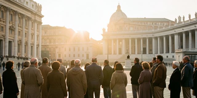 La place Saint-Pierre au Vatican au lever du jour, avec une foule discrète et la silhouette d’un dignitaire religieux sur un balcon.